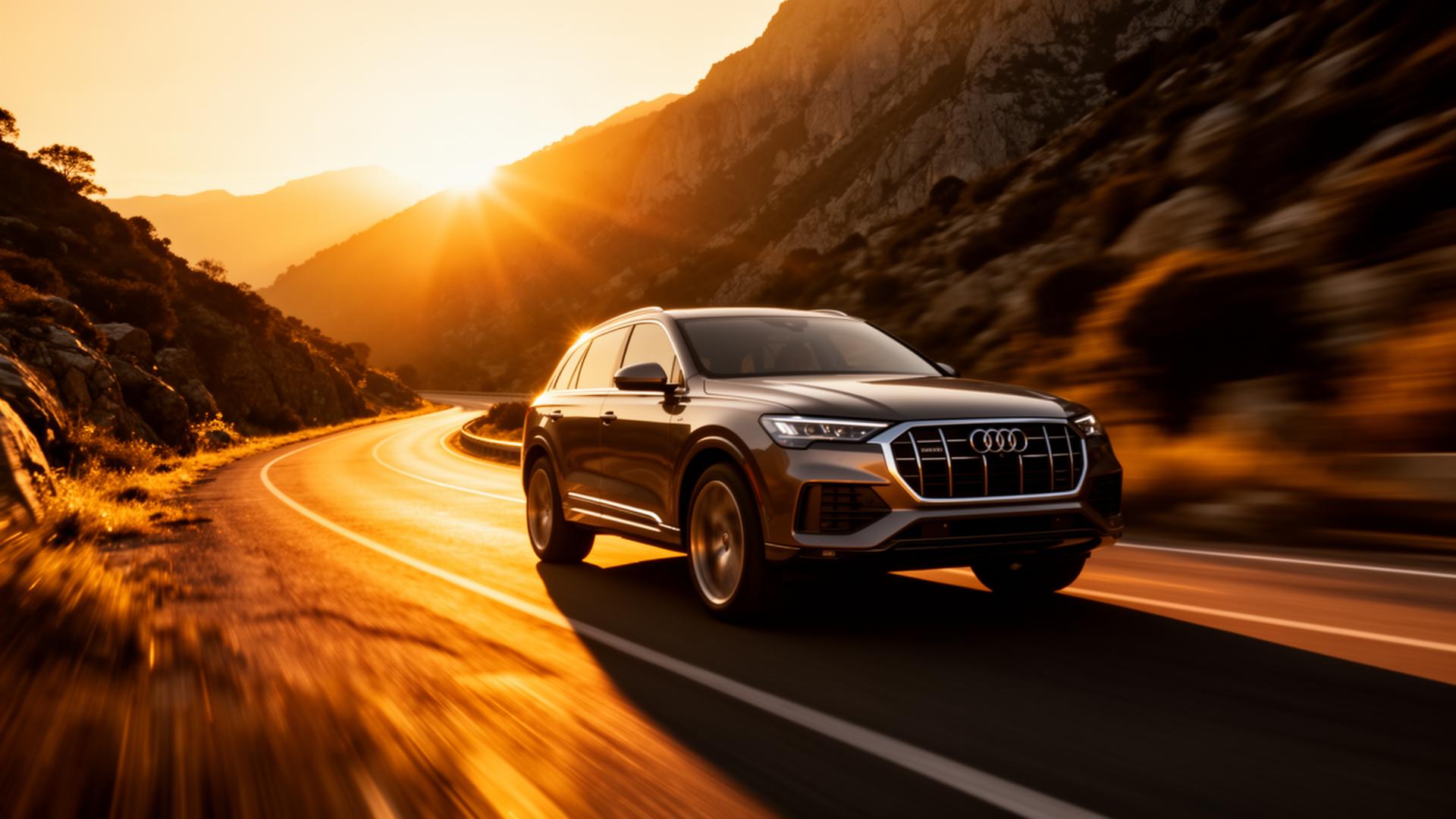 Luxury SUV on a winding mountain road at golden hour